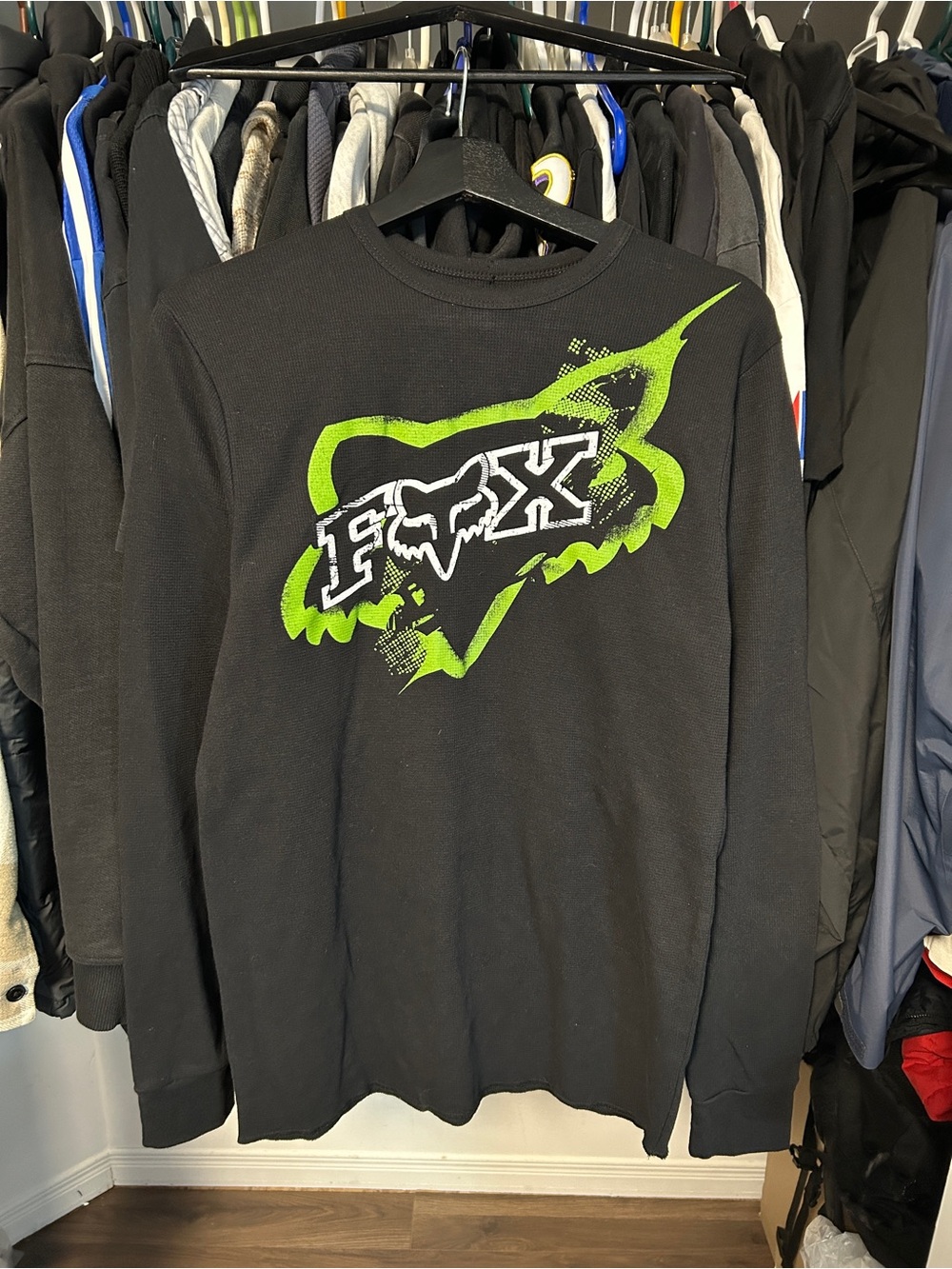 Fox Black Crewneck Thermal Long Sleeve with Lime Green Logo - Size XL Fit L
